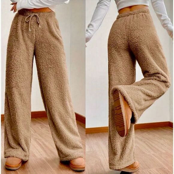 NWT Gorgeous L Cozy Fluffy Sherpa lk Tan Wide Leg Elastic Drawstring Teddy Pants - Picture 1 of 12